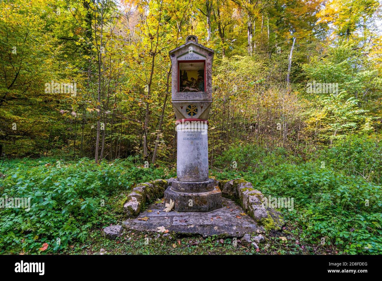 Holy Way of the Cross to the Lourdes Grotto, a pilgrimage site to the Chapel of the Mariengrotte in the Liebfrauental in the Danube Valley near Beuron Stock Photo