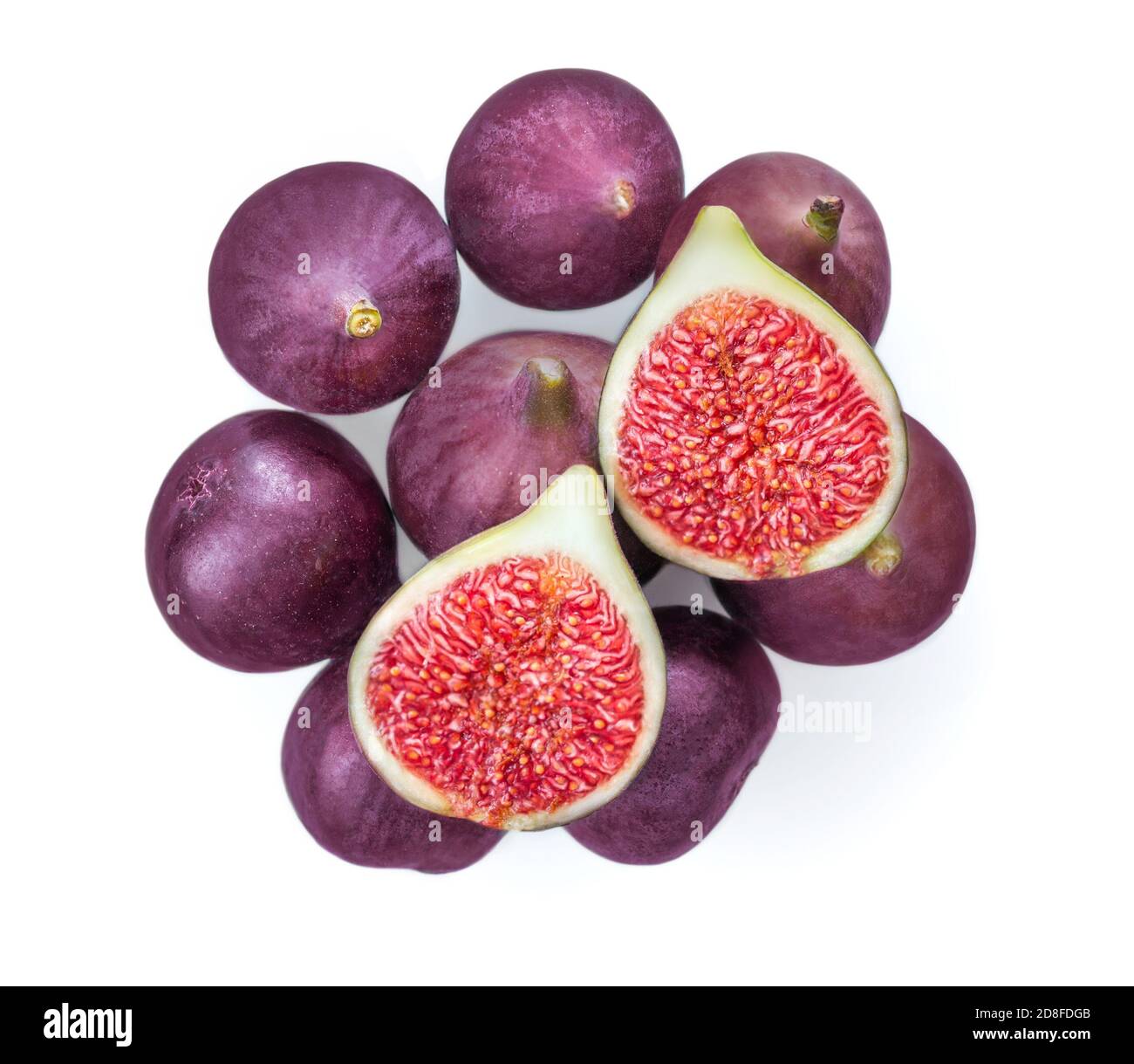 Fresh figs. Whole and sliced figs  isolated on white background, top view Stock Photo