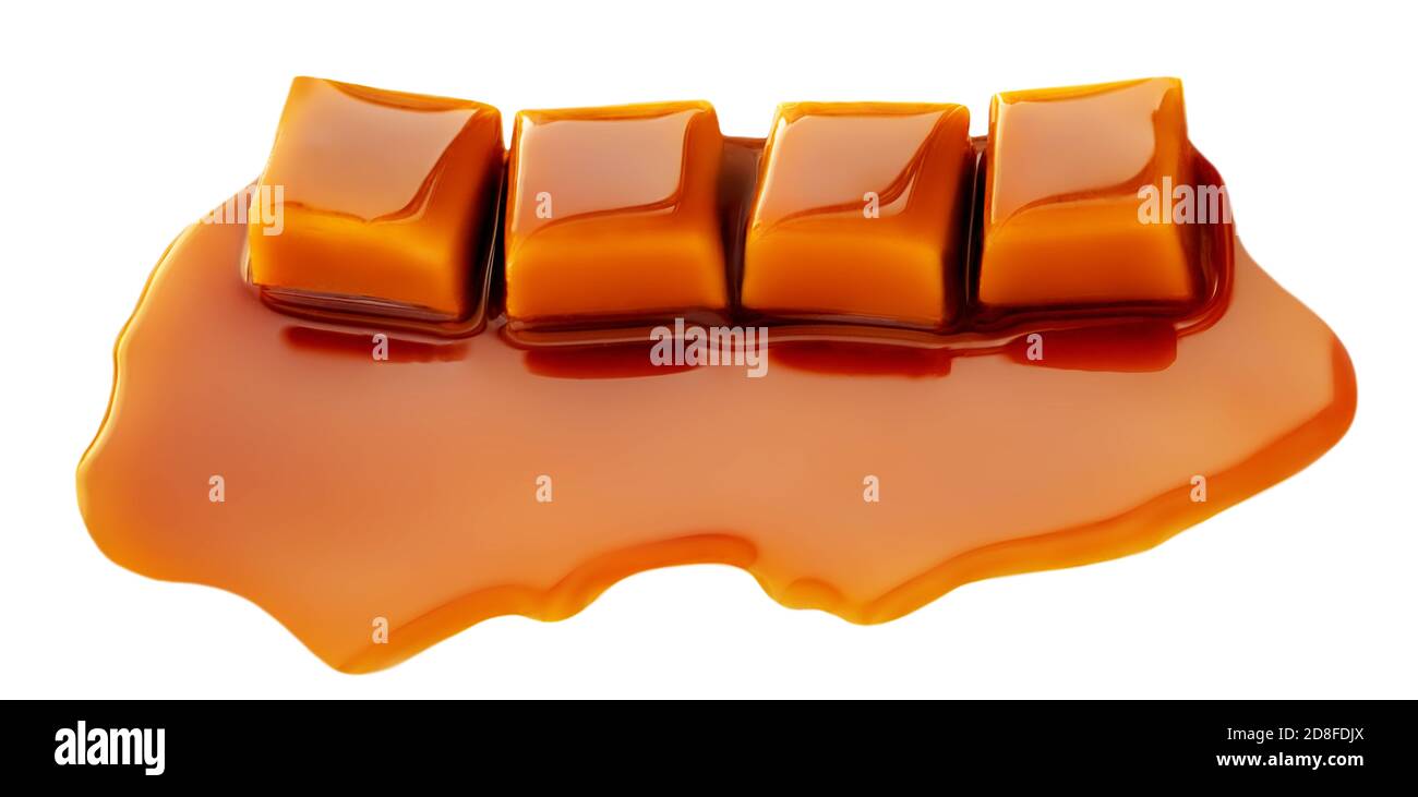 Salted caramel chunks isolated on white background. Golden Butterscotch
