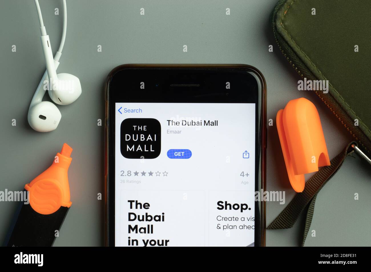 New York, USA - 26 October 2020: The Dubai Mall mobile app icon logo on phone screen close-up, Illustrative Editorial Stock Photo