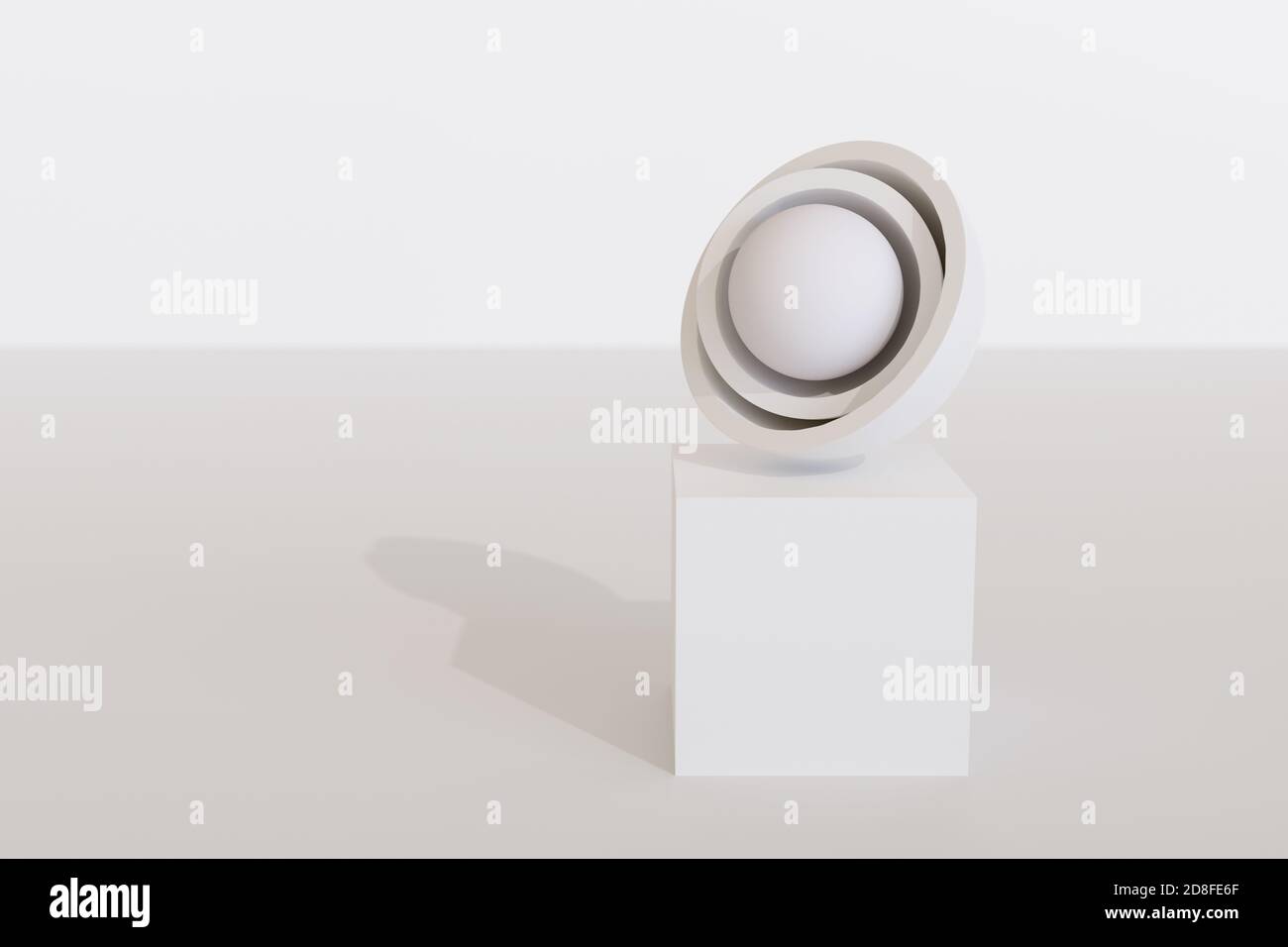 Sphere within two semi spherical caps on a cube with white background. Abstract art. 3d illustration. Stock Photo