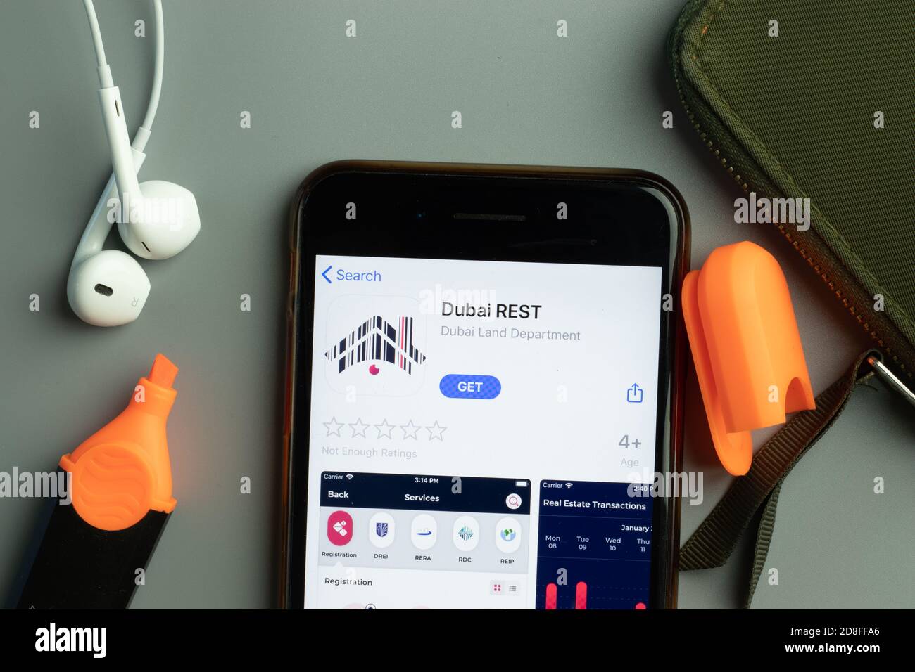 New York, USA - 26 October 2020: Dubai REST mobile app icon logo on phone screen close-up, Illustrative Editorial Stock Photo