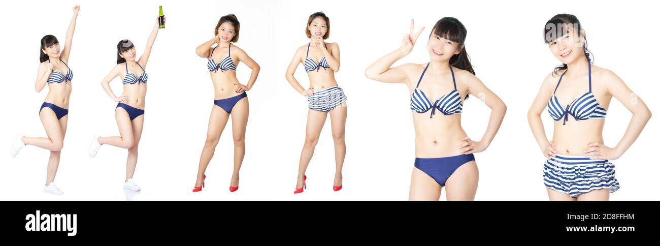Beautiful Chinese woman wearing a sexy bikini in a collage isolated on a white background Stock Photo