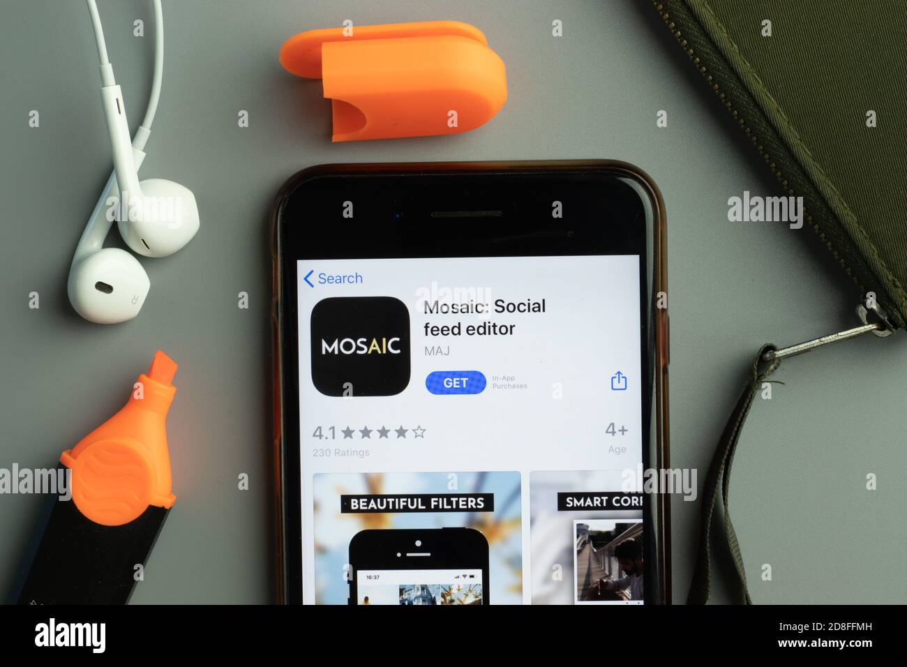 New York, USA - 26 October 2020: Mosaic Social feed editor mobile app icon logo on phone screen close-up, Illustrative Editorial Stock Photo