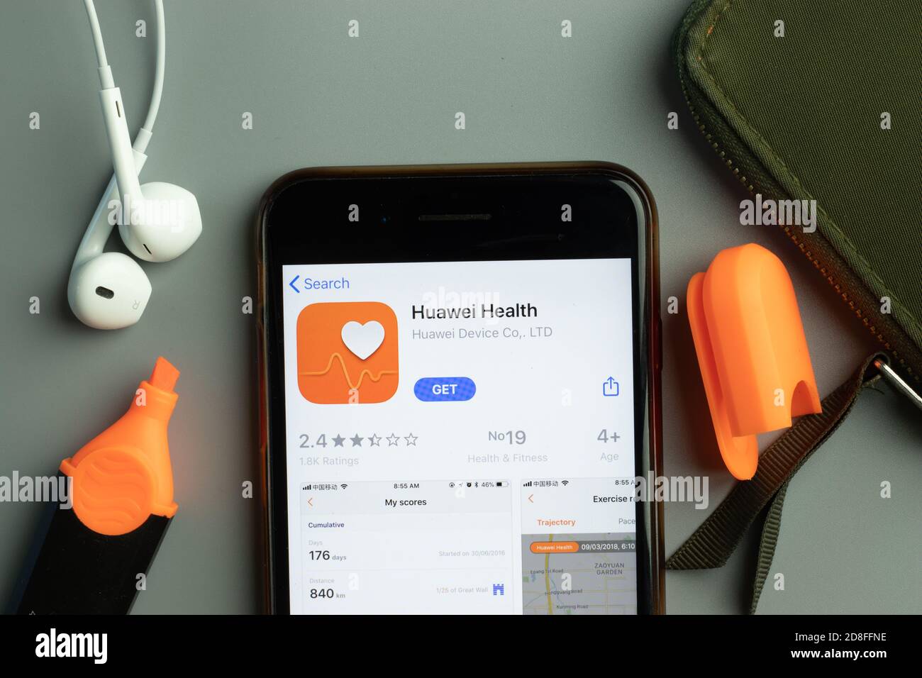 New York, USA - 26 October 2020: Huawei Health mobile app icon logo on phone screen close-up, Illustrative Editorial Stock Photo