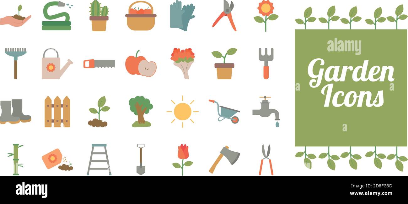 lettering with bundle of gardening tools flat style icons vector ...