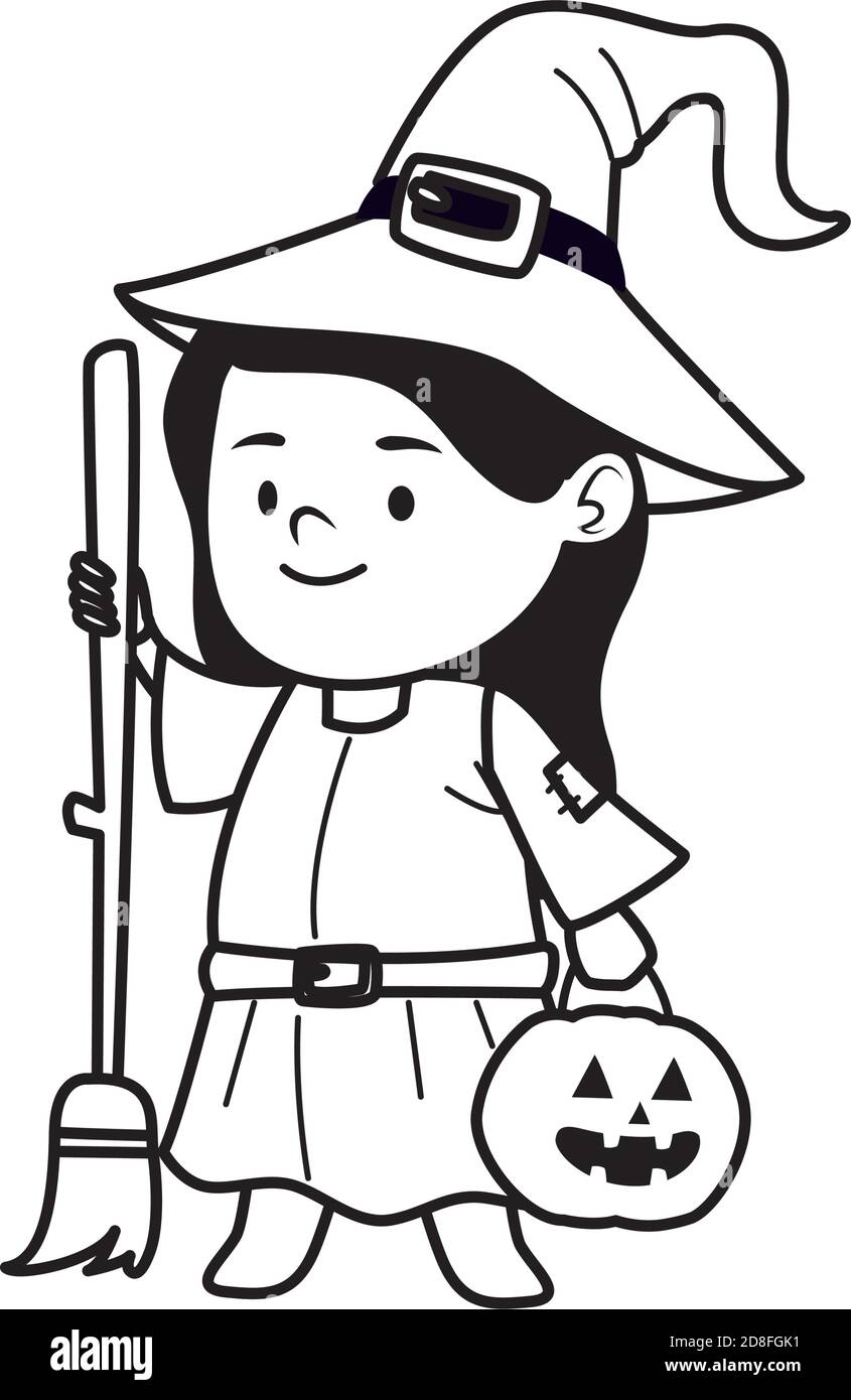 cute little girl dressed as a witch line style vector illustration ...