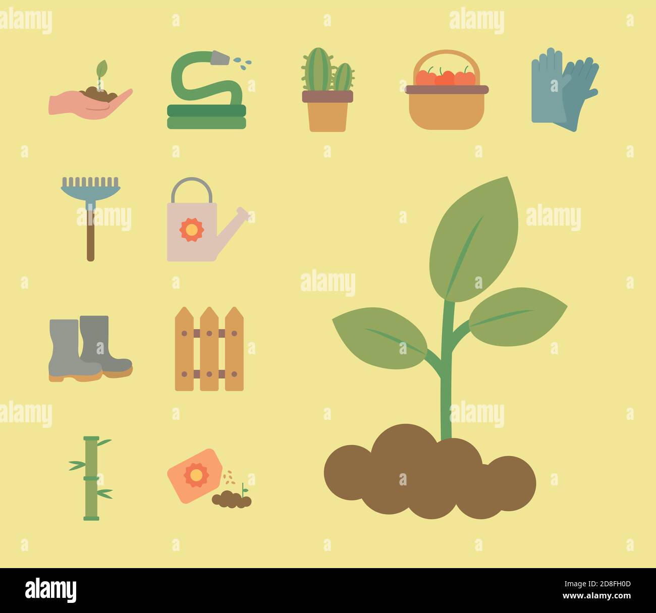 plant and bundle of gardening tools flat style icons vector ...