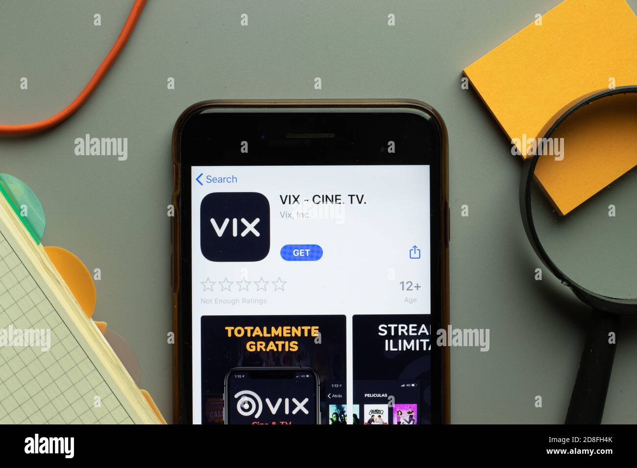New York, USA - 26 October 2020: VIX Cine TV mobile app logo on phone screen close up, Illustrative Editorial Stock Photo