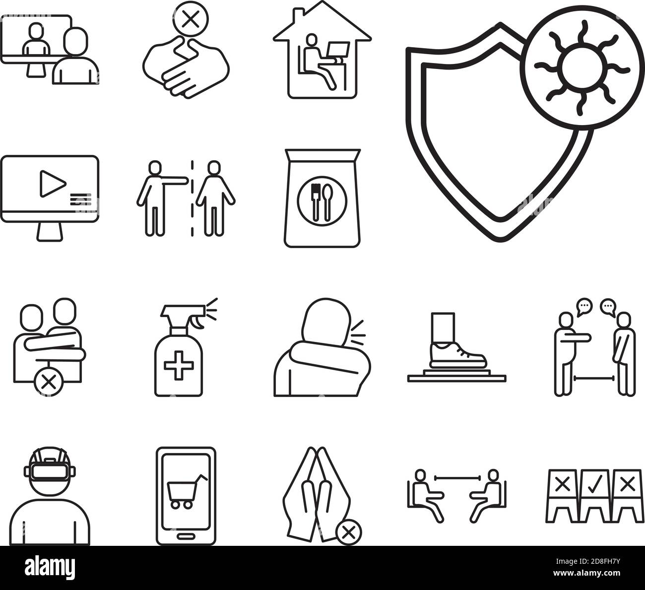 shield with covid 19 particle and bundle icons line style vector ...