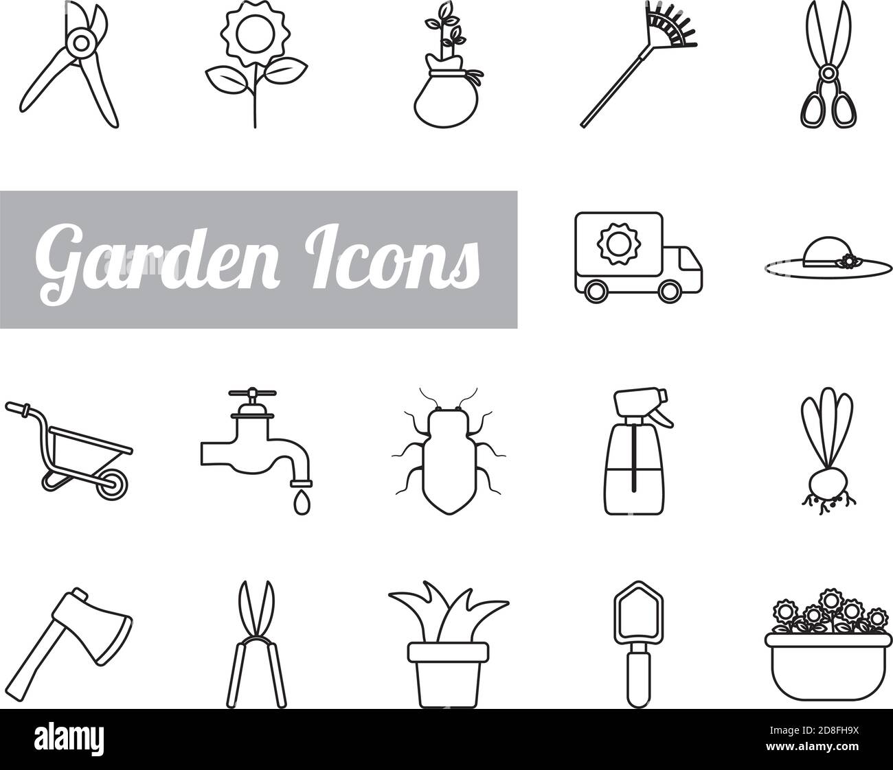 lettering with bundle of gardening tools line style icons vector ...