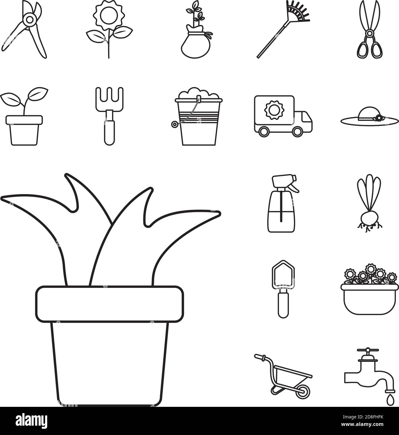 houseplant with bundle of gardening tools line style icons vector ...