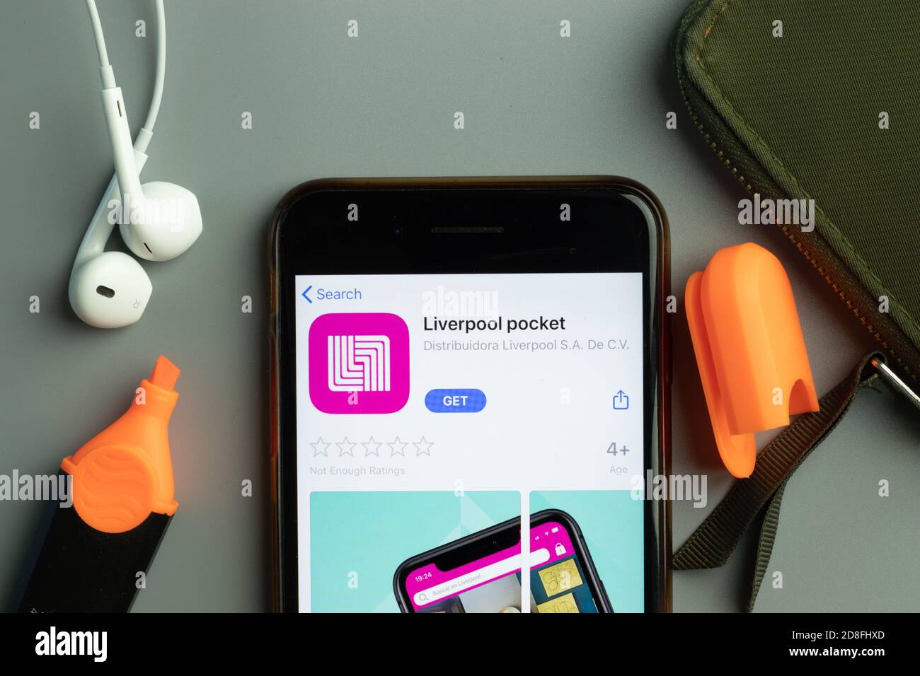 New York, USA - 26 October 2020: Liverpool Pocket mobile app icon logo on phone screen close-up, Illustrative Editorial Stock Photo