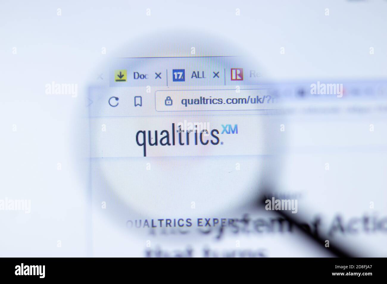 New York, USA - 29 September 2020: Qualtrics company website with logo close up, Illustrative Editorial Stock Photo