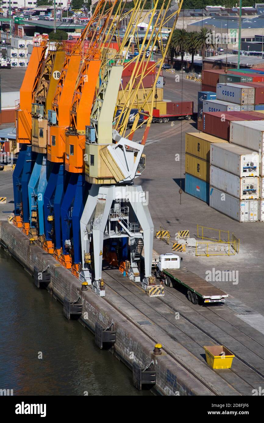 Row of cranes in the Container Port, Montevideo, Uruguay, South America Stock Photo