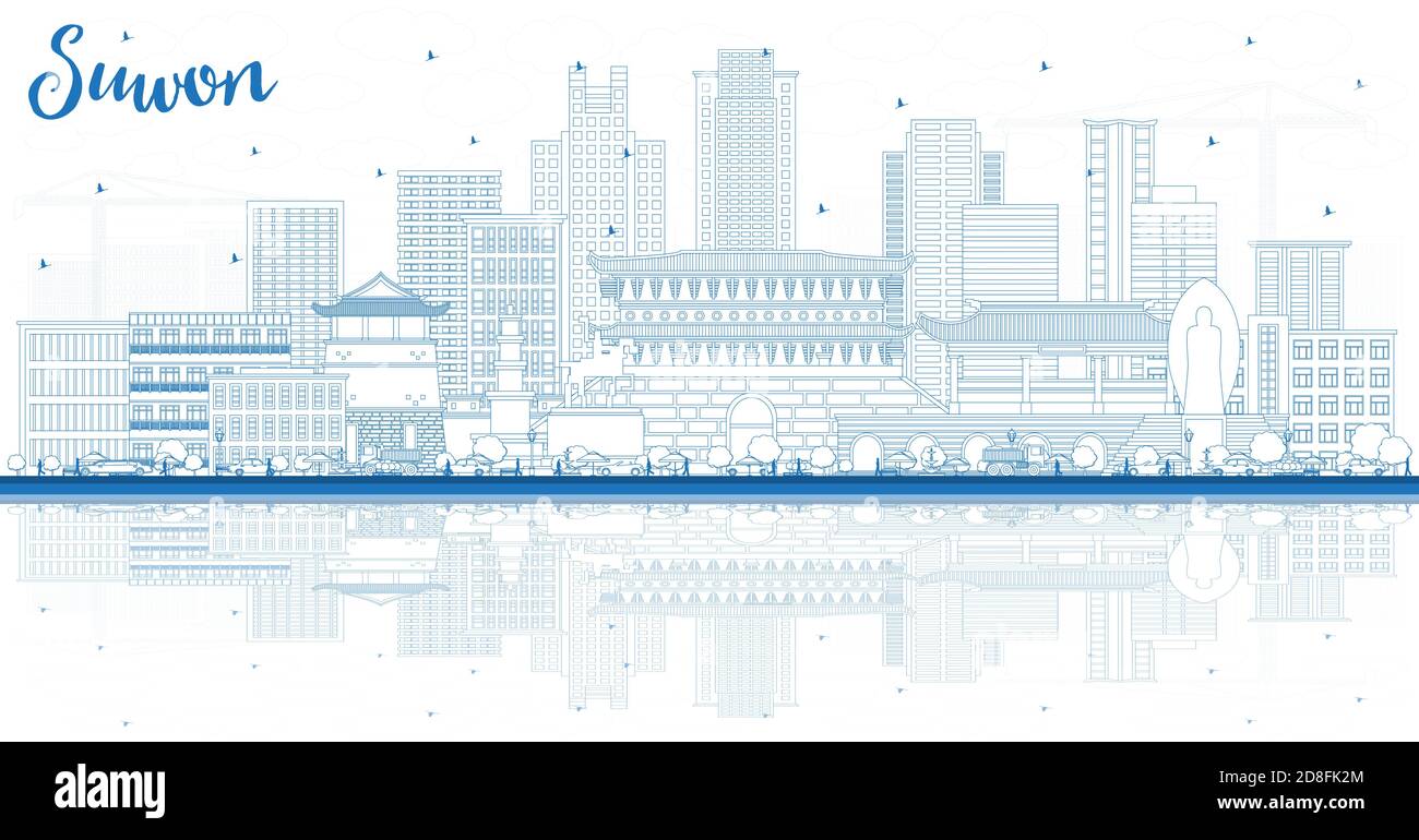 Outline Suwon South Korea City Skyline with Blue Buildings and Reflections. Vector Illustration. Business Travel and Tourism Concept. Stock Vector
