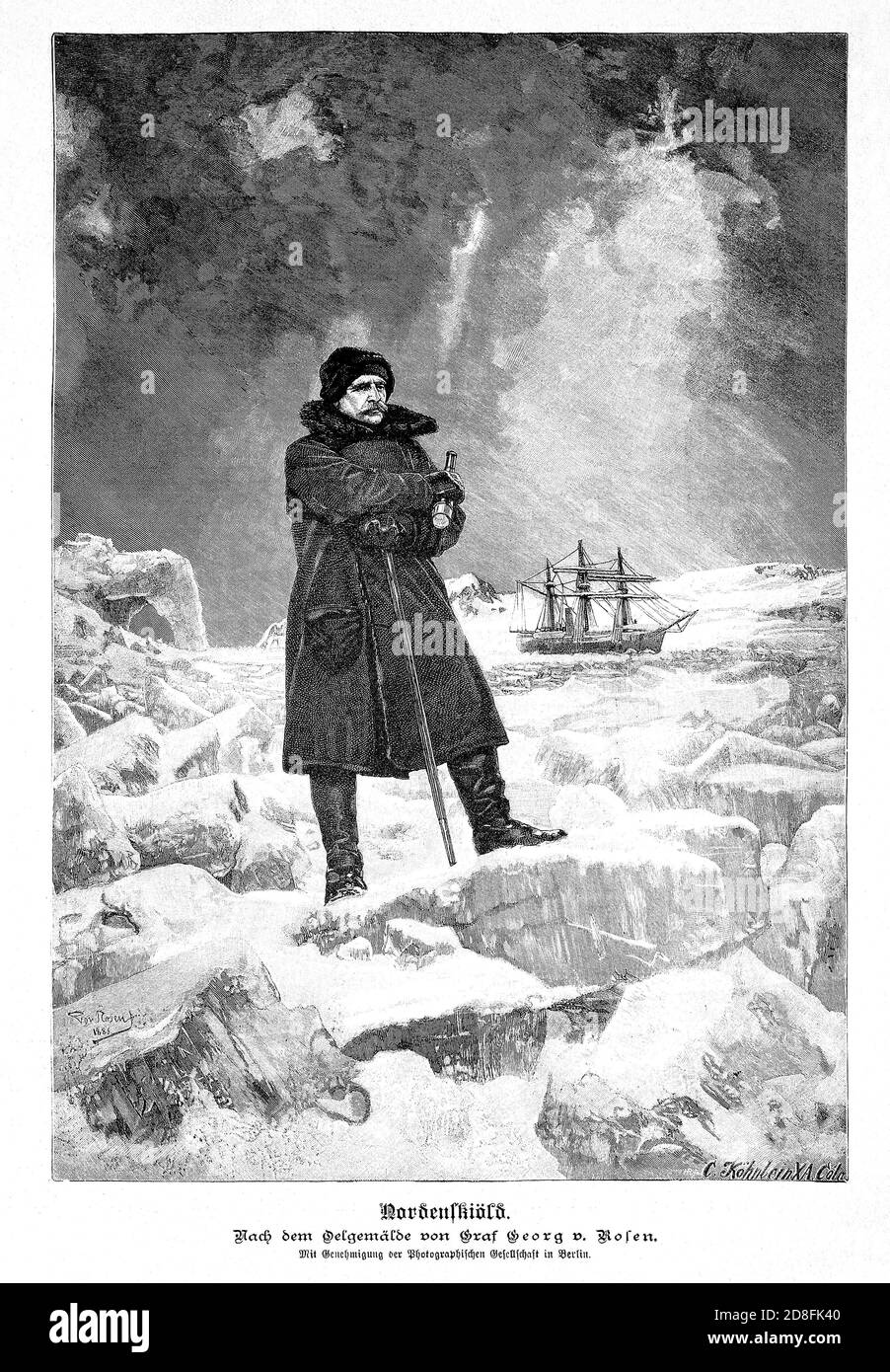 1888, SWEDEN : The swedish Arctic explorer , geologist , mineralogist Baron ADOLF ERIK Von NORDENSKIOLD ( Freiherr Nordenskiöld , 1832 - 1901 ). Portrait by  engraver C. Kohnlein from the original 1886 portrait by Graf GEORG Von ROSEN ( 1843 - 1923 ), pubblished in Germany on illustrated Leipzig magazine '  Die Gartenlaube ' ( The Garden Arbor ) in 1888 . - SVEZIA - FINLANDIA - FINLAND - Finnish - ESPLORATION - EXPLORATIONS - ESPLORAZIONE ARTIDE - North Pole - POLO NORD - ESPLORATORE - MINERALOGY - MINERALOGIA - GEOLOGO - GEOLOGY - GEOLOGIA - ritratto - portrait - baffi - moustache - engraving Stock Photo