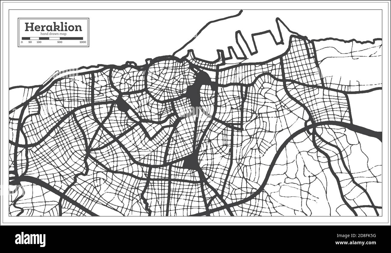 Heraklion Greece City Map in Black and White Color in Retro Style. Outline Map. Vector Illustration. Stock Vector