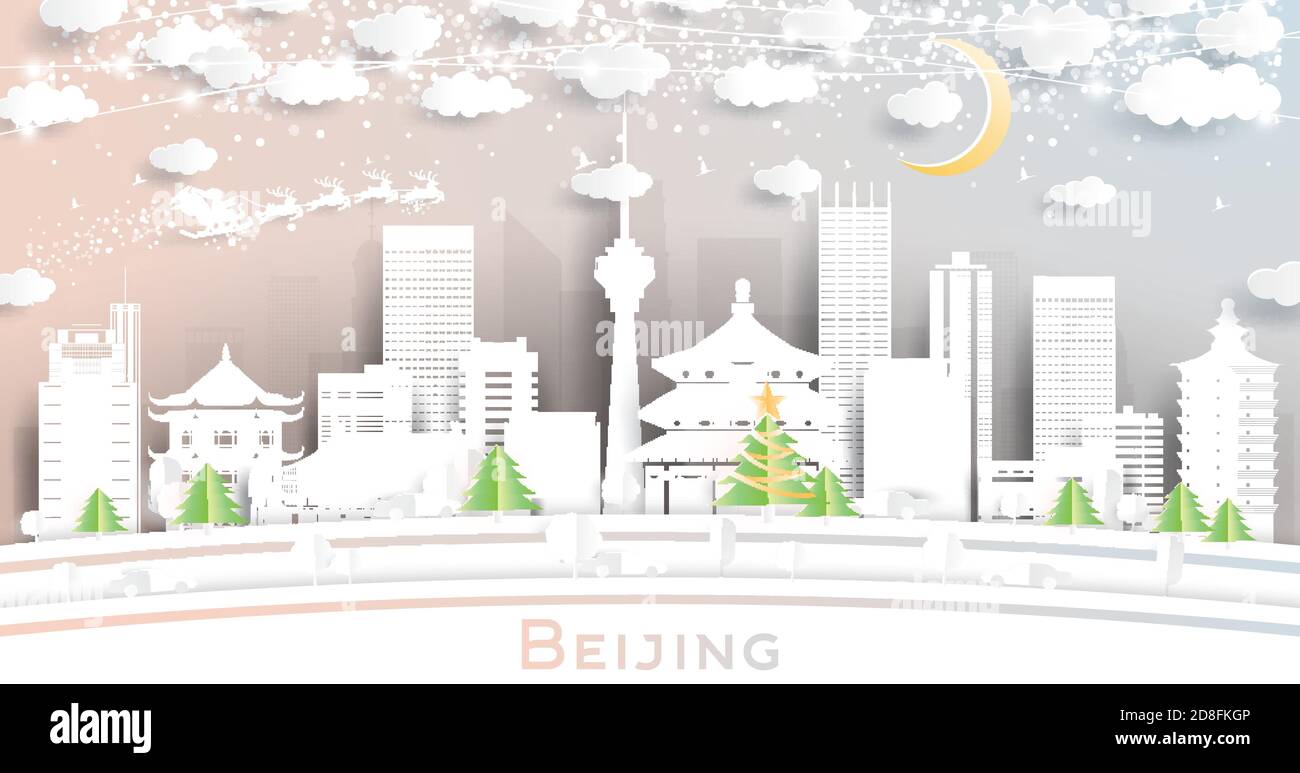 Beijing China City Skyline in Paper Cut Style with Snowflakes, Moon and Neon Garland. Vector Illustration. Christmas and New Year Concept. Santa Claus Stock Vector
