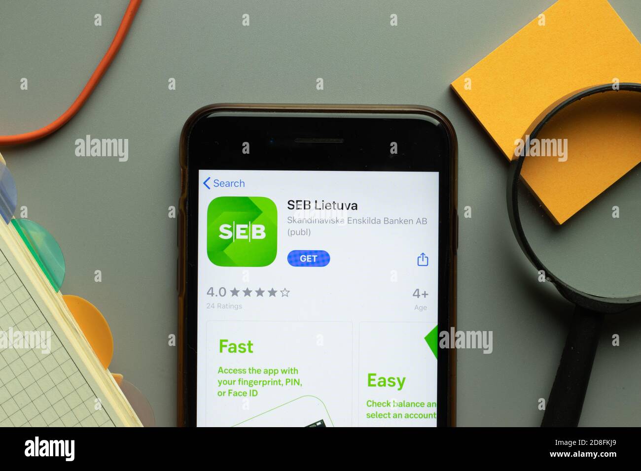 New York, USA - 26 October 2020: SEB Lietuva mobile app logo on phone screen close up, Illustrative Editorial Stock Photo