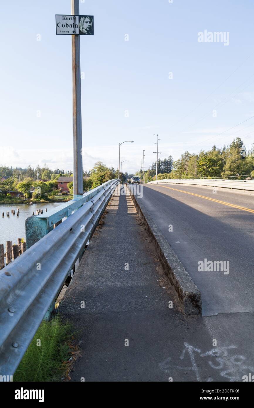 Young Street Bridge is a bridge on the Wishkah River above Kurt Cobain Memorial Park  in the northeast neighborhood of Aberdeen, Washington USA. Stock Photo