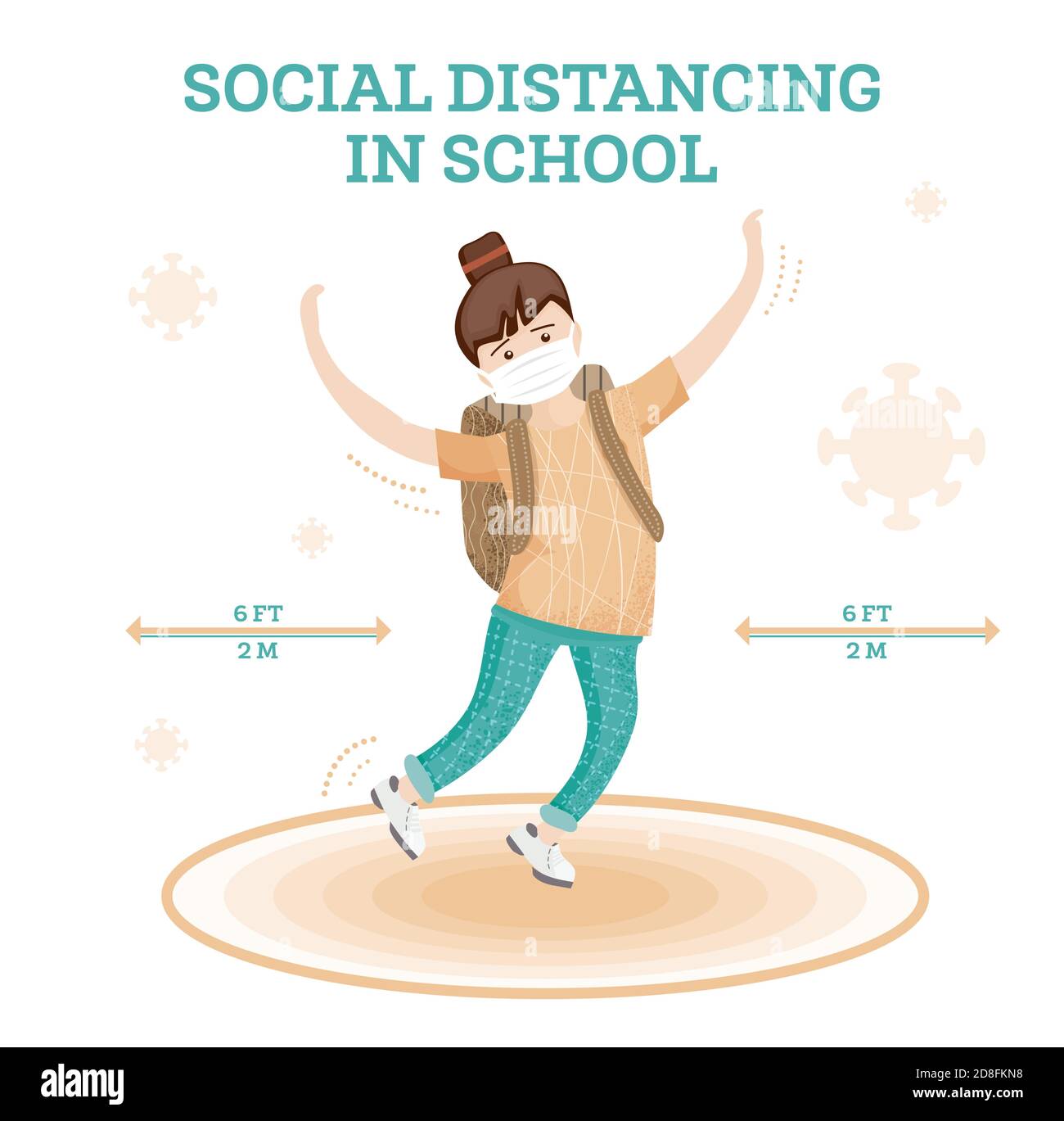 Social Distancing in School. Young Girl Jumping Alone. New Normal Lifestyle Concept. Vector Illustration. Schoolgirl Wearing Face Mask. Stock Vector