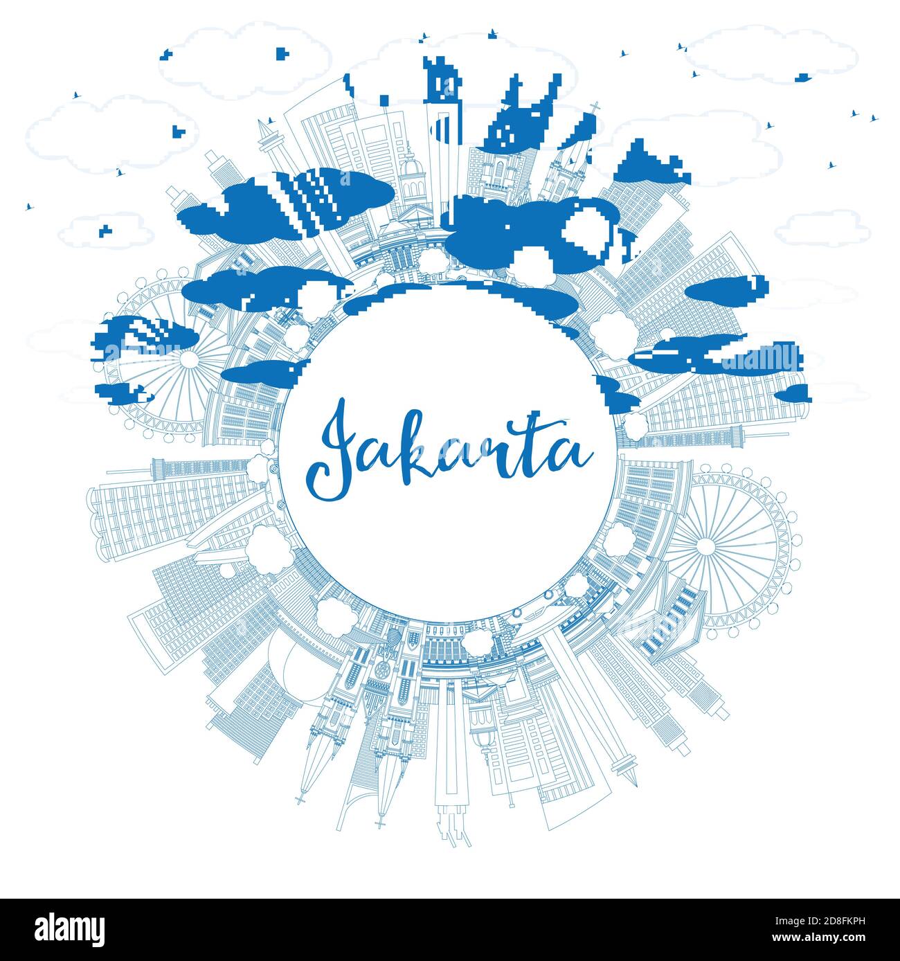 Outline Jakarta Indonesia City Skyline with Blue Buildings and Copy Space. Vector Illustration. Business Travel and Tourism Concept Stock Vector