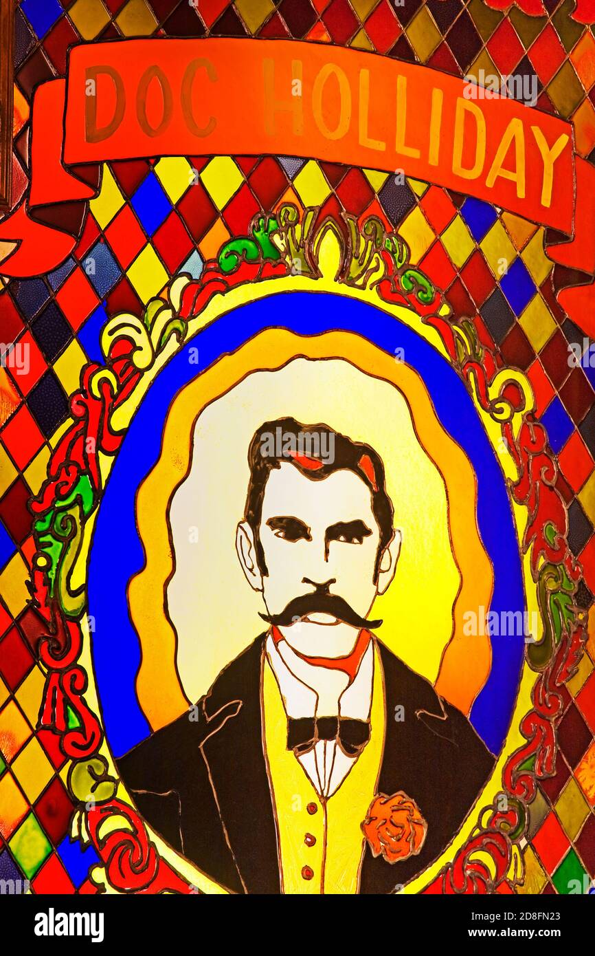 Stained Glass in Big Nose Kate's Saloon, Tombstone, Cochise County, Arizona, USA Stock Photo