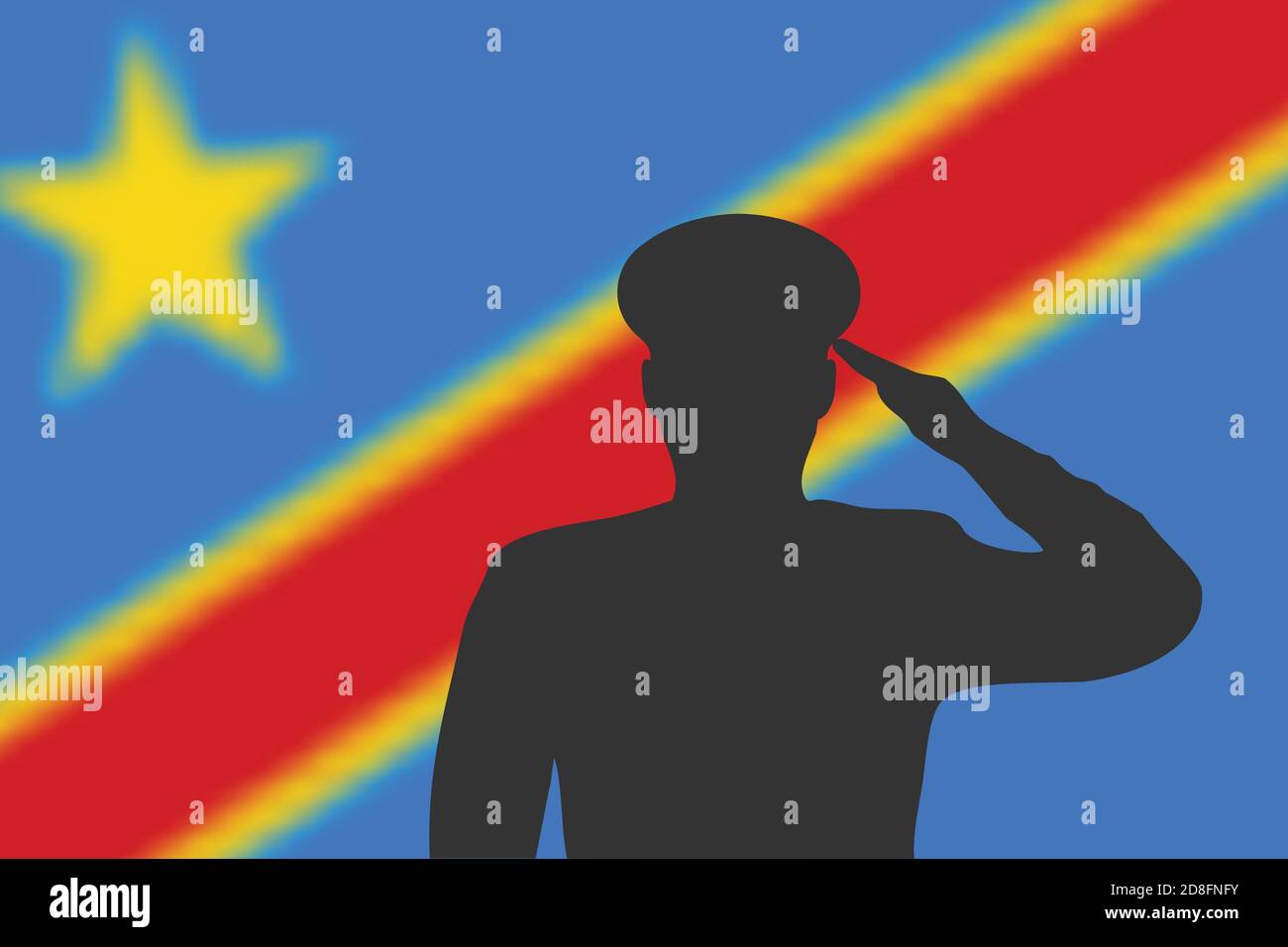 Solder silhouette on blur background with DR Congo flag. Template for memorial day Stock Vector