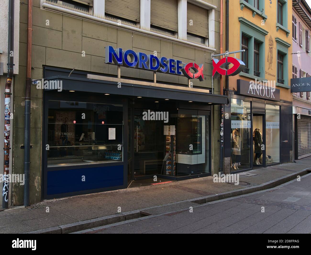 Freiburg, Baden-Wuerttemberg, Germany - 10/25/2020: Front view of a branch of fast food chain Nordsee (North Sea, specialized on seafood). Stock Photo