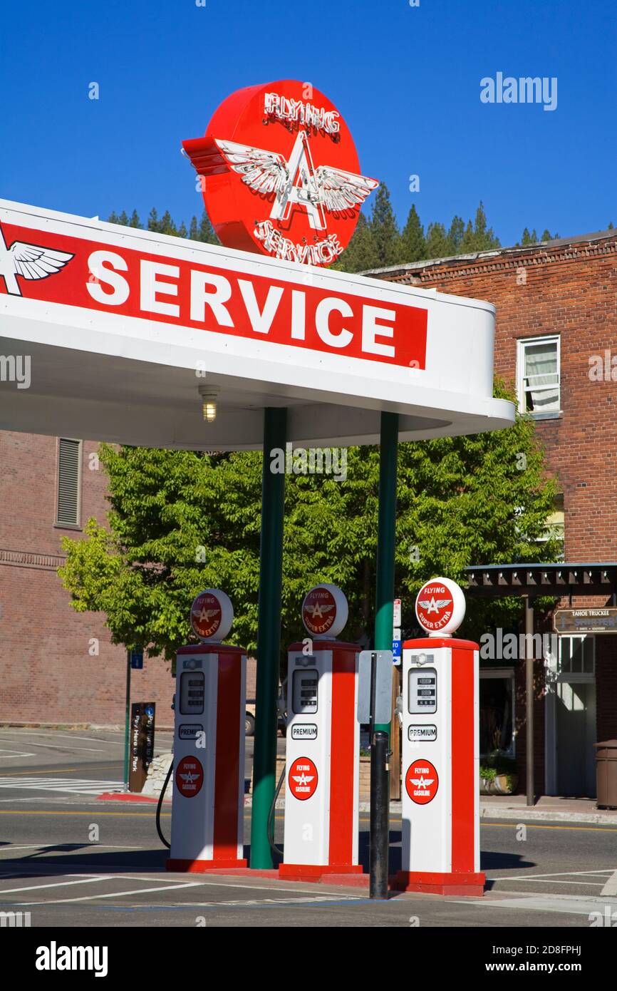Historic Flying A Gas Station in Truckee, California, USA Stock Photo