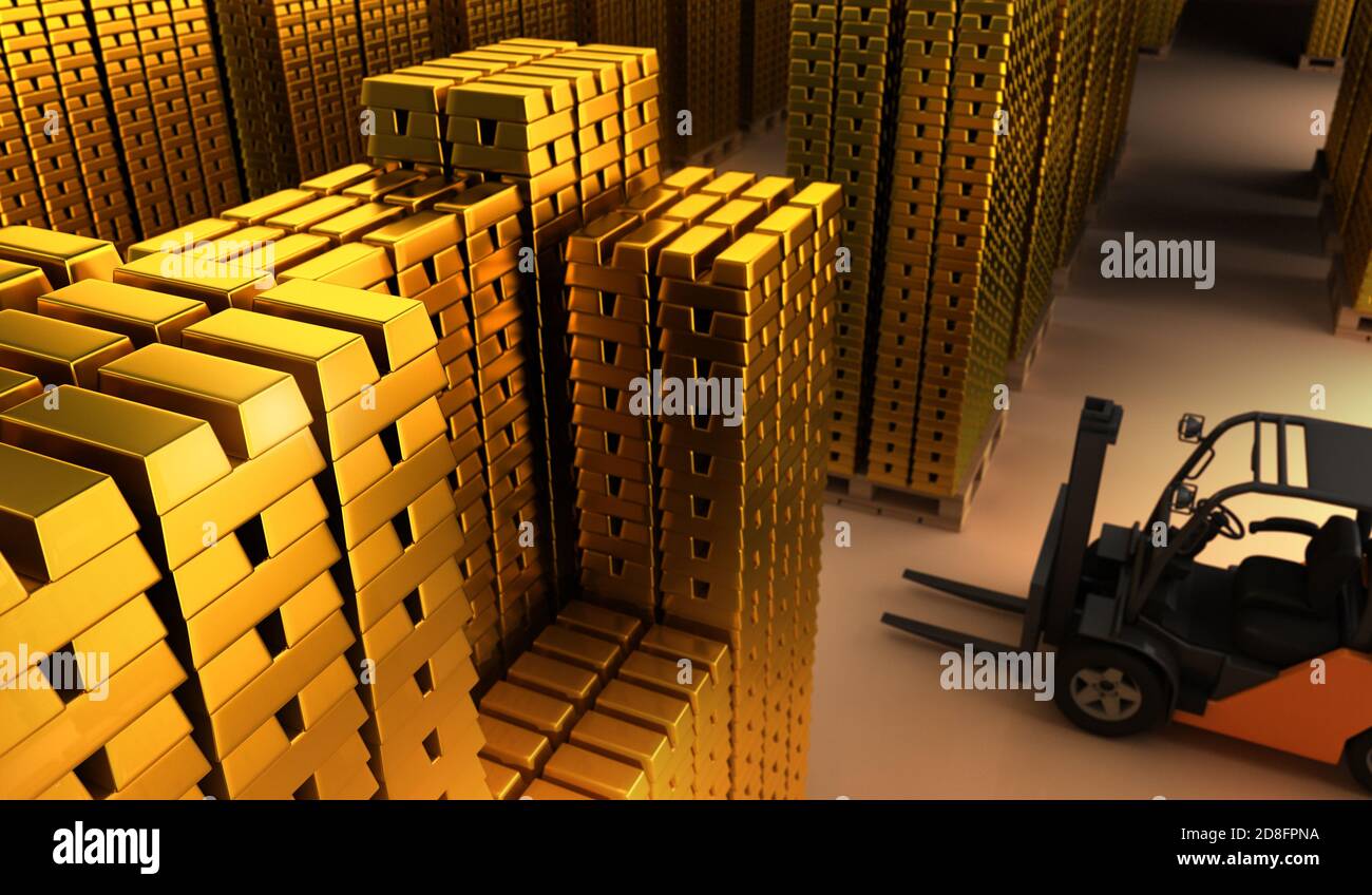 Gold Bars in Bank - 3D Rendering Stock Photo