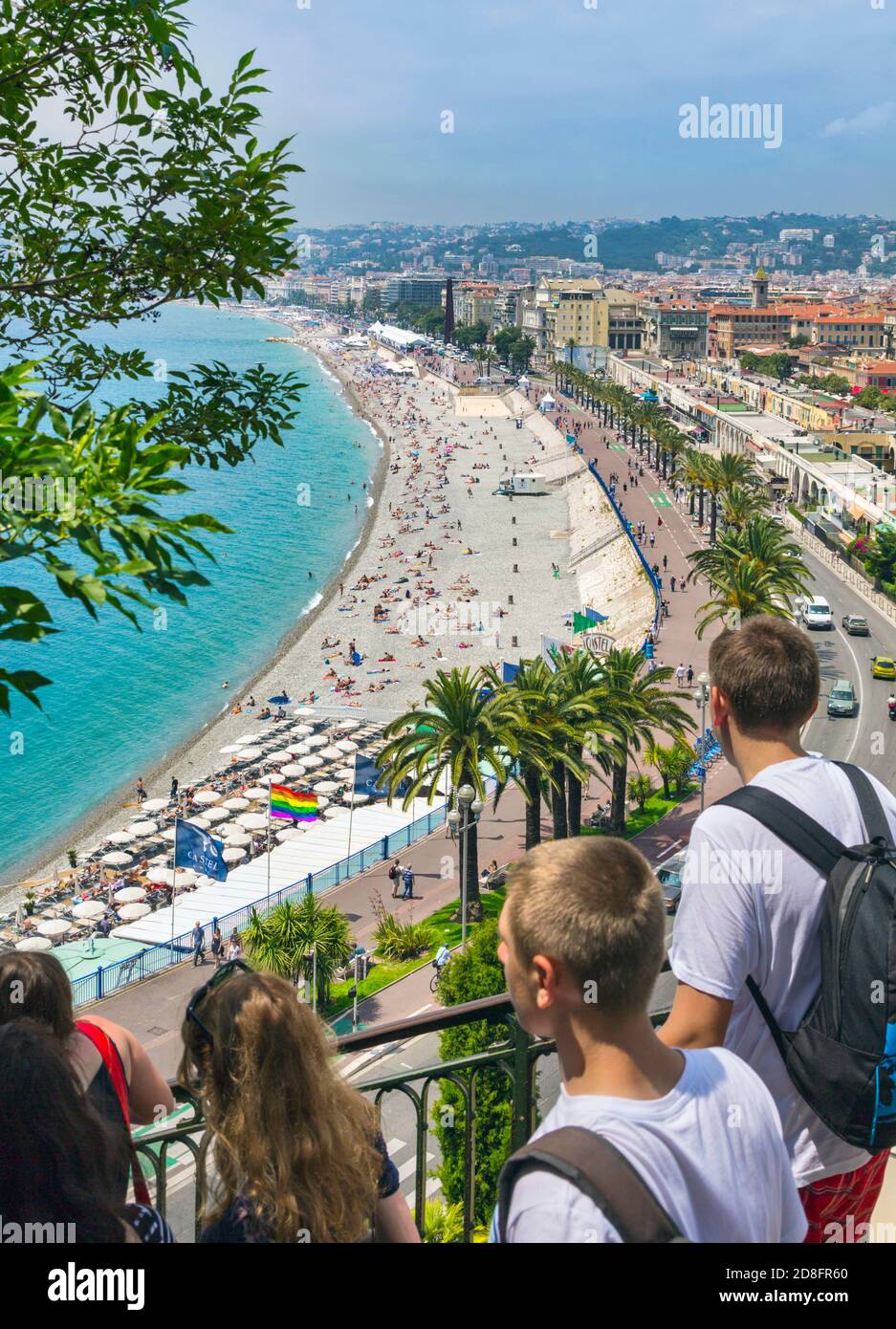 Nice, French Riviera, Cote d'Azur, France.  View over beaches of Quai des Etats-Unis and Promenade des Anglais from steps up to Parc de la Colline du Stock Photo
