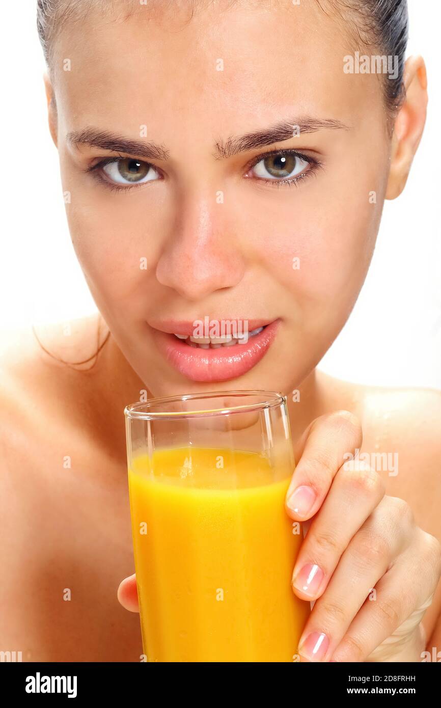 beautiful model with wet body and fruit juice Stock Photo - Alamy