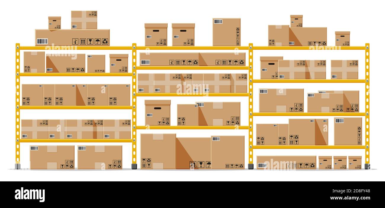 Metallic shelves with carton brown boxes. Goods and container package. Pile cardboard boxes set. Delivery packaging open and closed box with fragile signs. Vector illustration in flat style Stock Vector