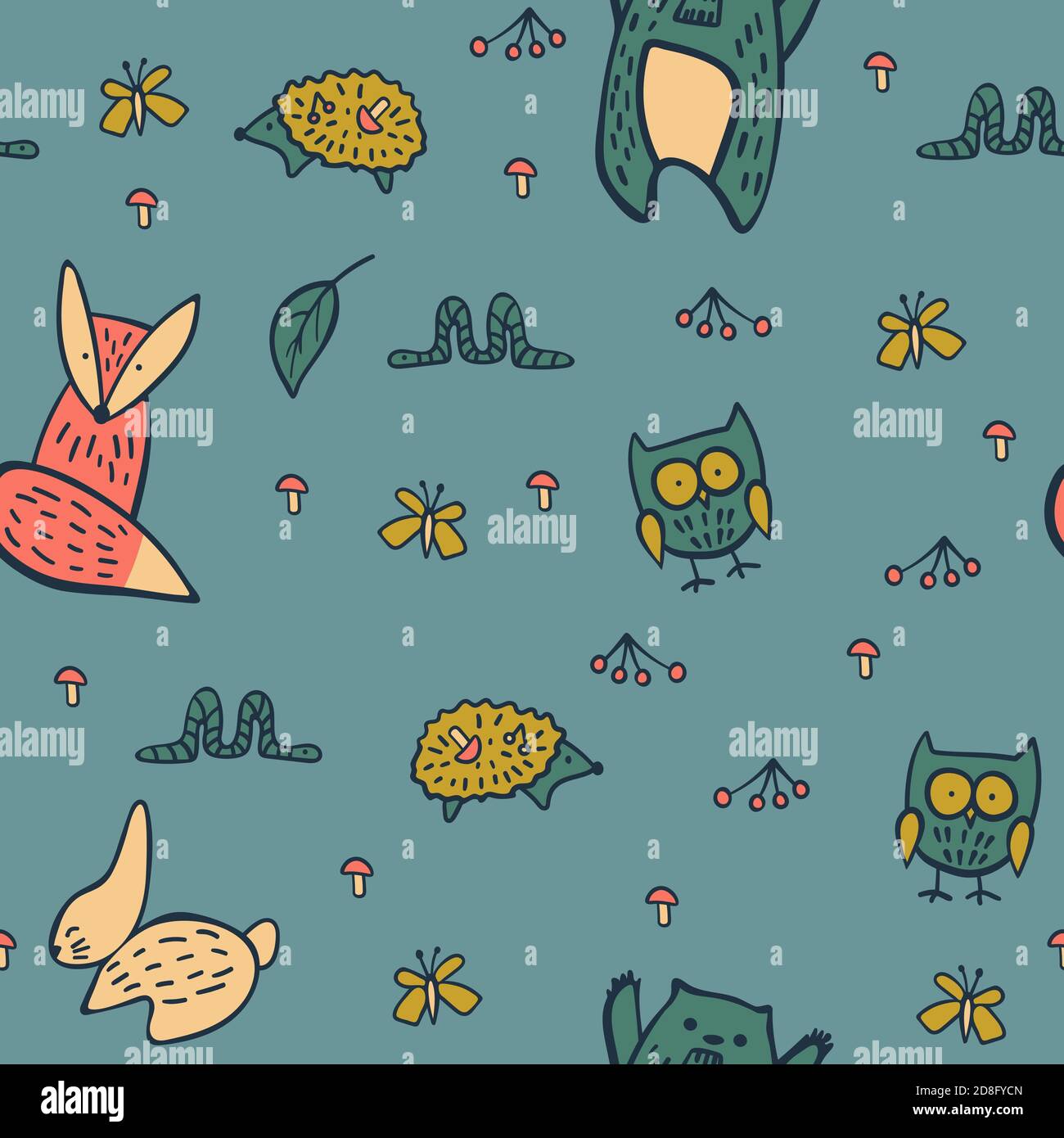 Seamless pattern with doodle woodland animals on green background ...