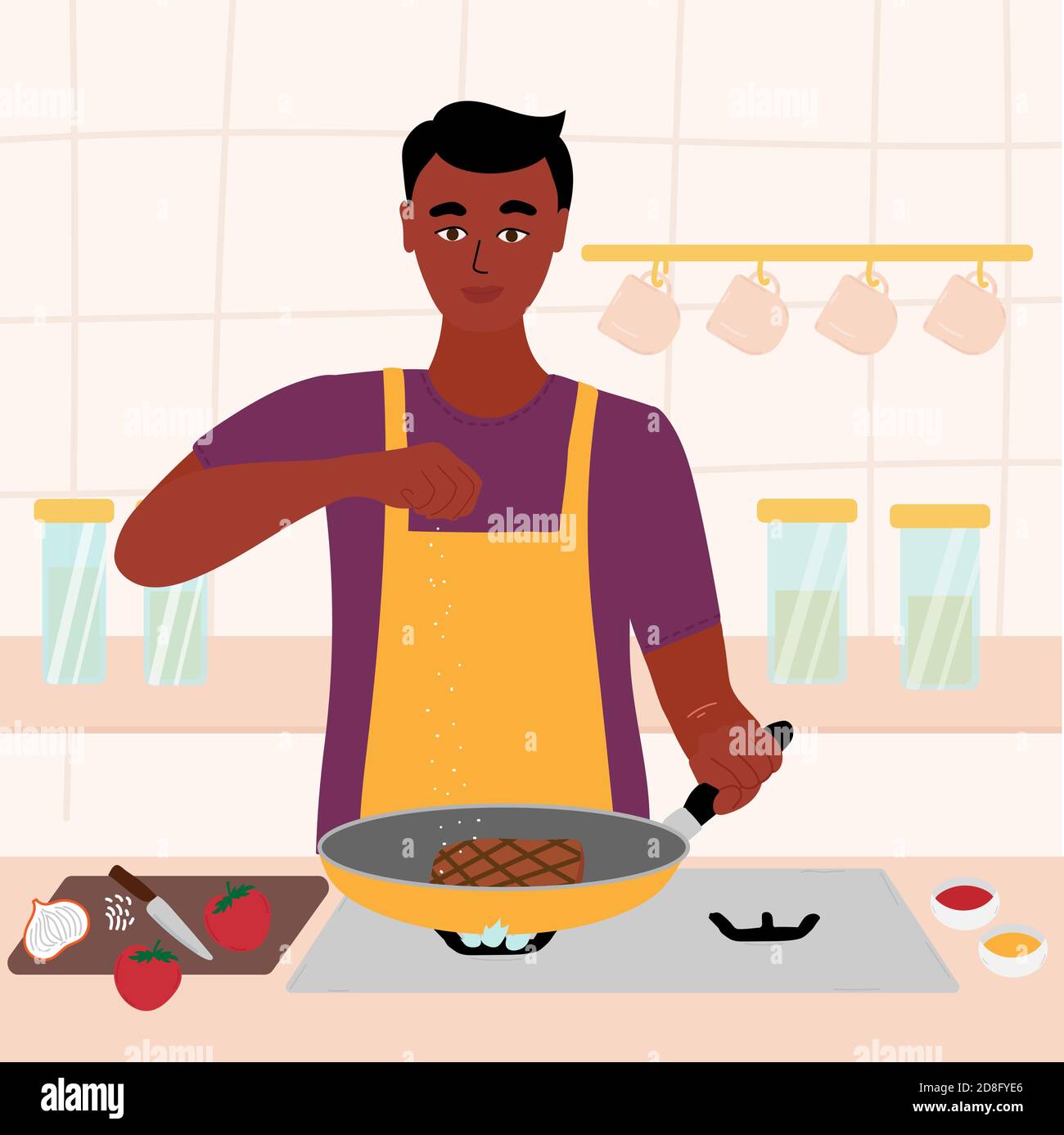 Indian black man cooking in his kitchen. male in a red shirt and green apron roasting a steak in a frying pan. salt in hand. Cartoon vector Stock Vector
