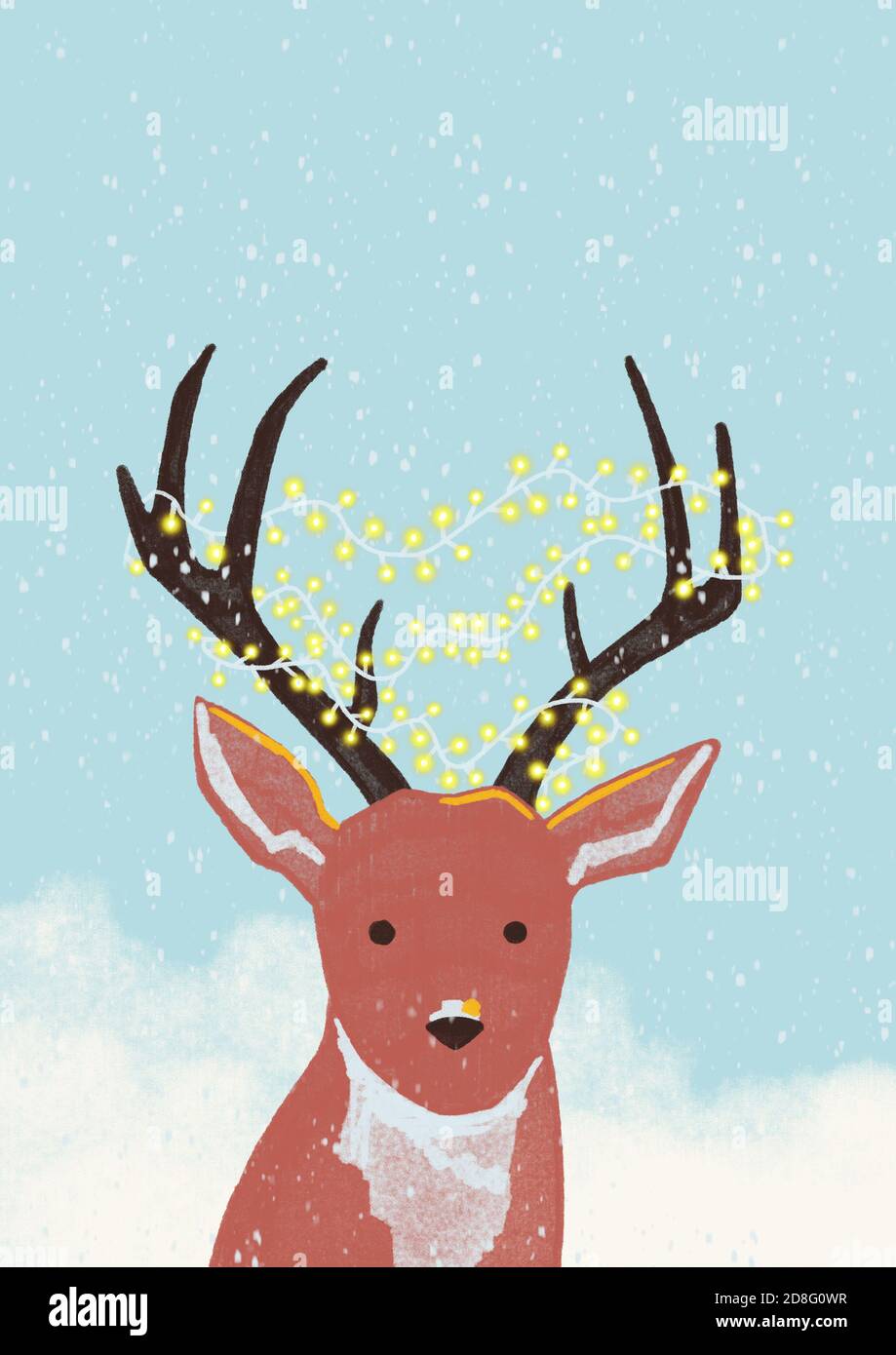 Hand drawn Christmas illustration with deer with garland on its horns ...