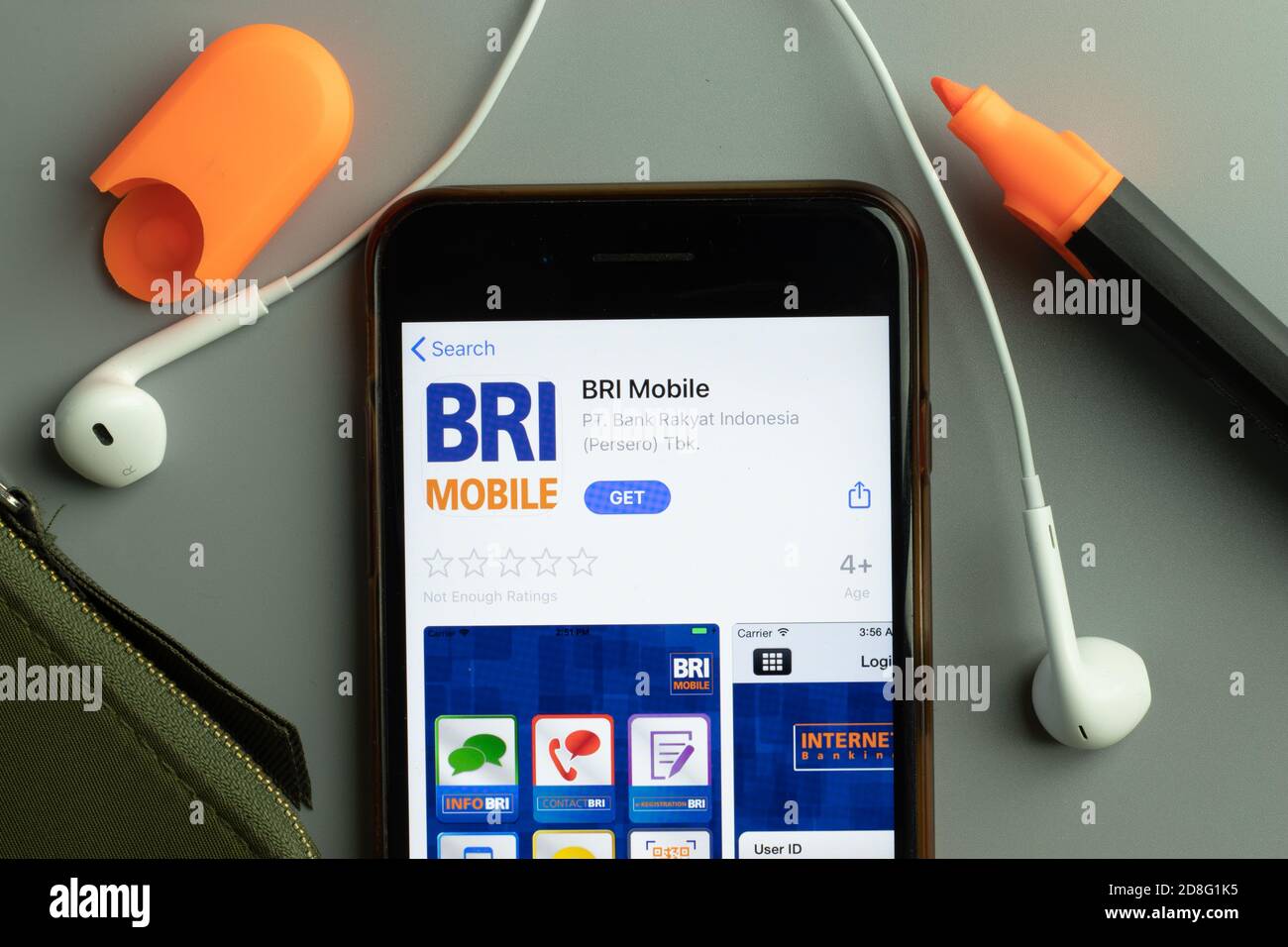 New York, USA - 26 October 2020: BRI Bank Rakyat Indonesia mobile app icon logo on phone screen close-up, Illustrative Editorial Stock Photo