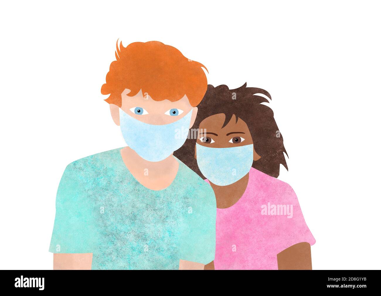 Illustration of two masked teenage children on a white background Stock Photo
