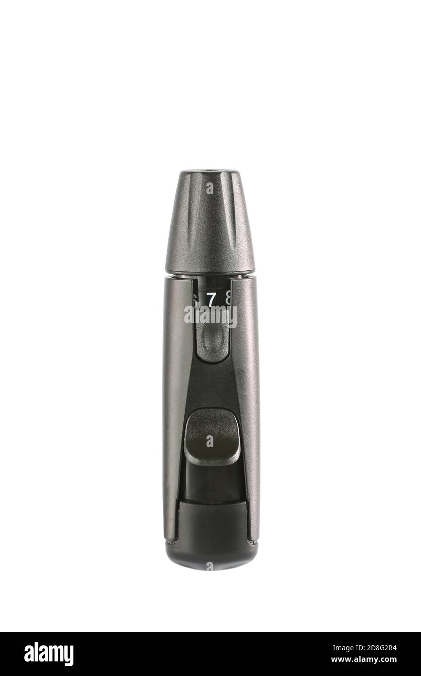 The lancing device for diabetes testing has 9 adjustable depth options