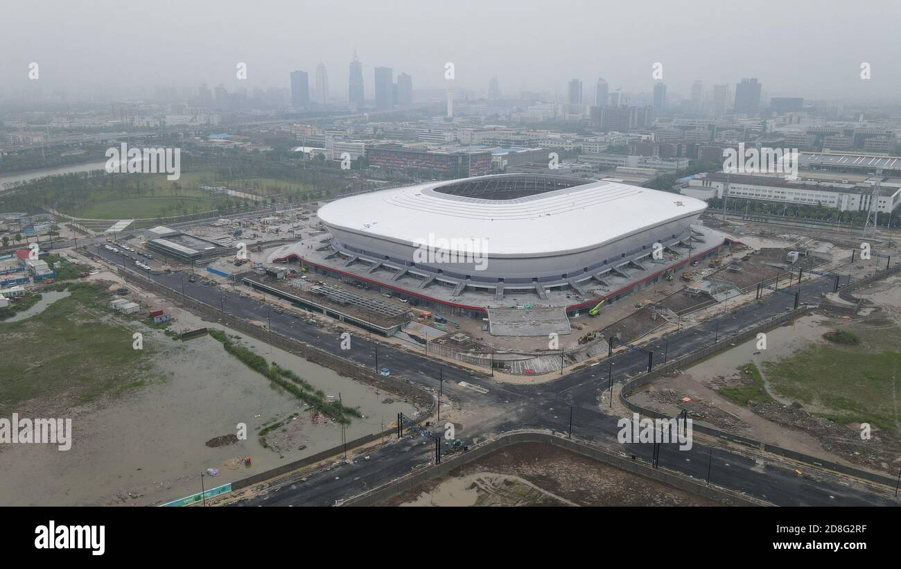 Aerial view of the Pudong Football Stadium where the League of Legends ...
