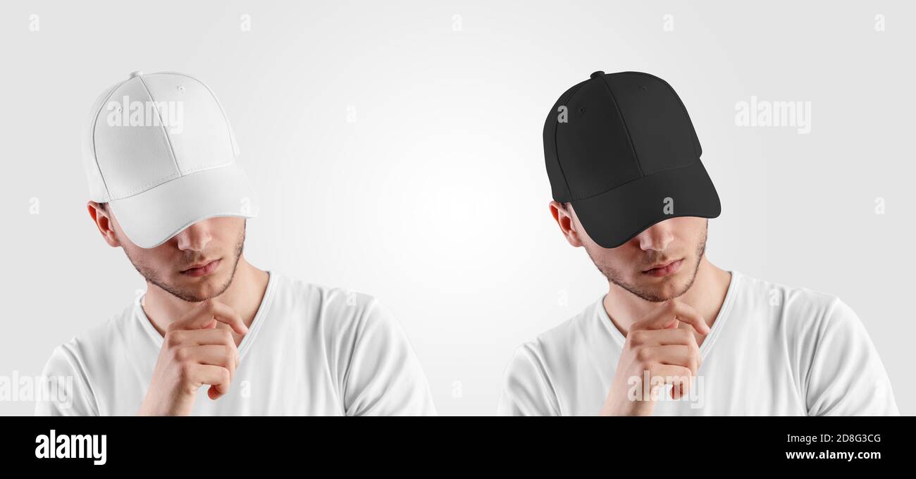 Template for a white, black cap on a guy with his head down, front view, blank hat with a visor, design presentation. A set of accessories for sports, Stock Photo