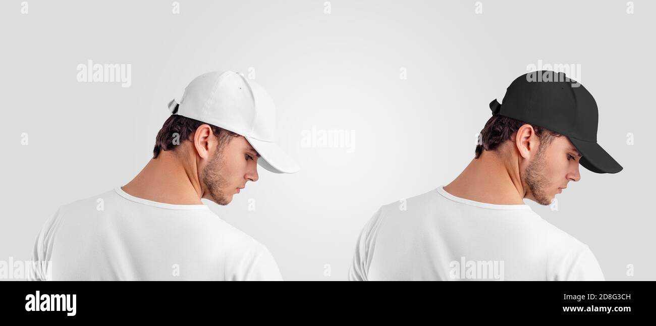 Headdress template for sun protection, side view, cap on the model's head, for presentation of design. Hat mockup with visor, blank fashion accessory Stock Photo