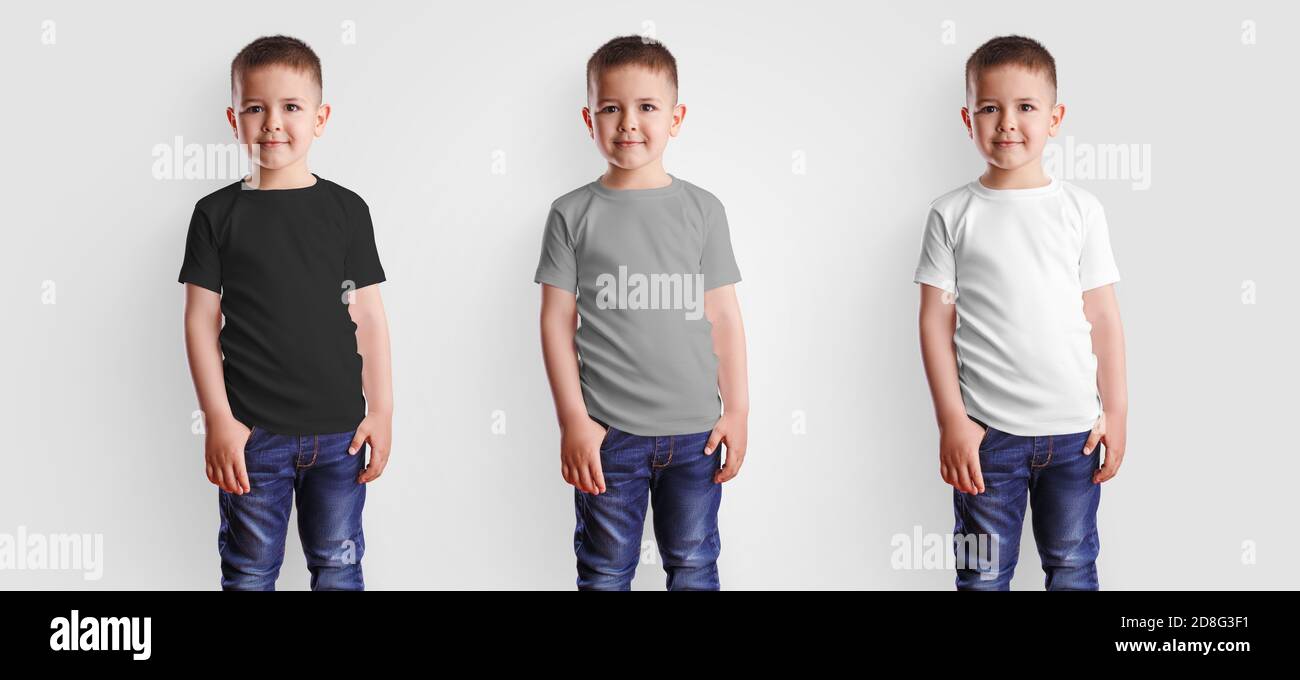 Download White Gray Black T Shirt Mockup On Cute Boy In Jeans Blank Clothes For Design And Pattern Presentation Textile Baby Clothes Template Front View Stock Photo Alamy