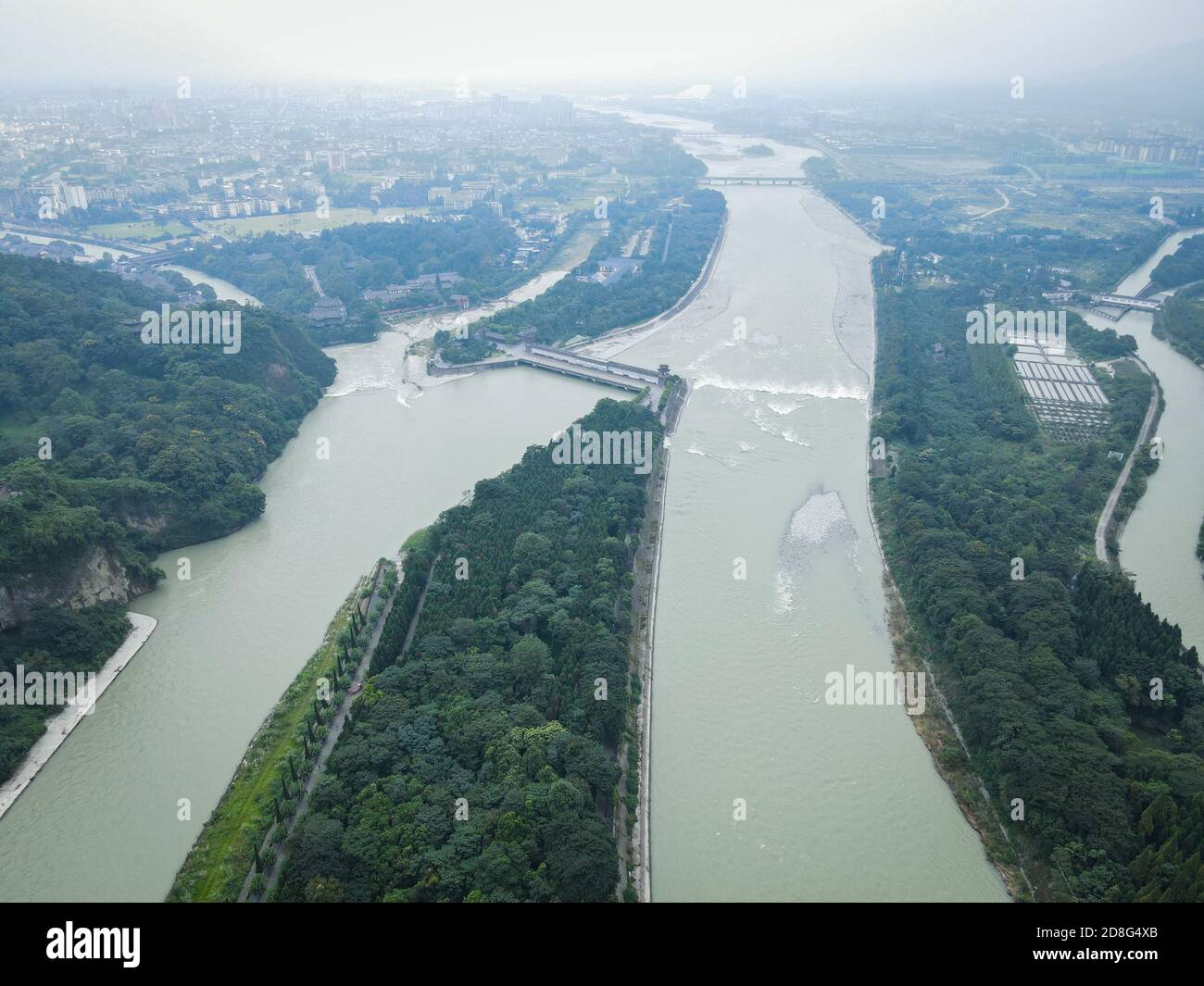 An aerial view of the Dujiangyan, an ancient irrigation system