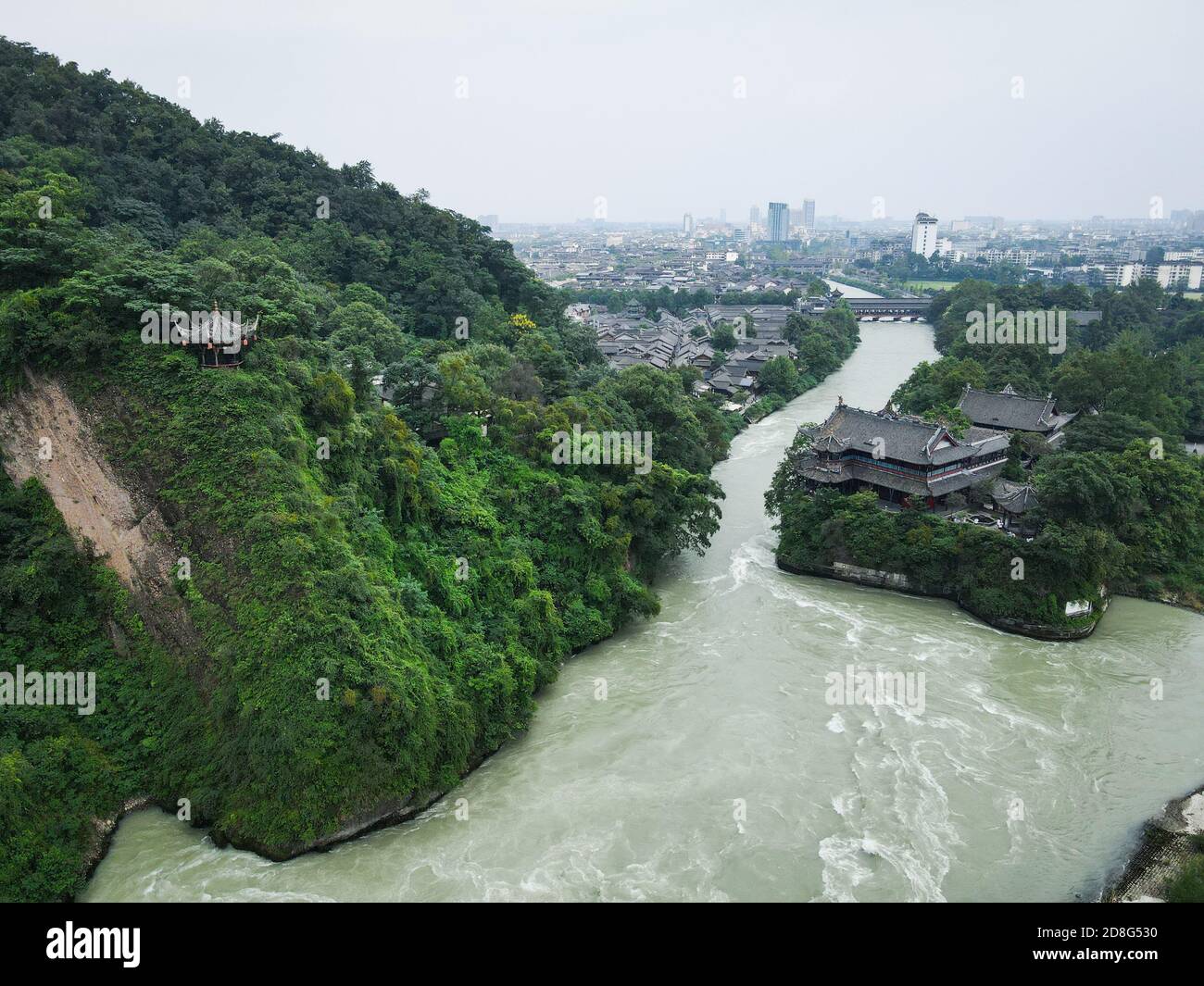 An aerial view of the Dujiangyan, an ancient irrigation system