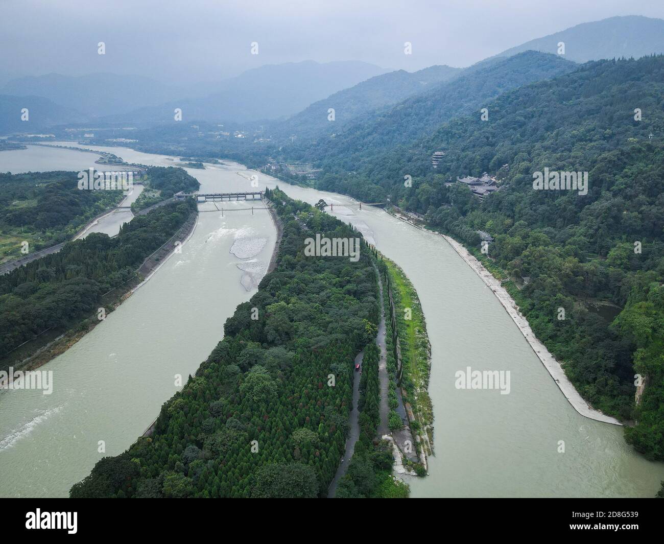 An aerial view of the Dujiangyan, an ancient irrigation system