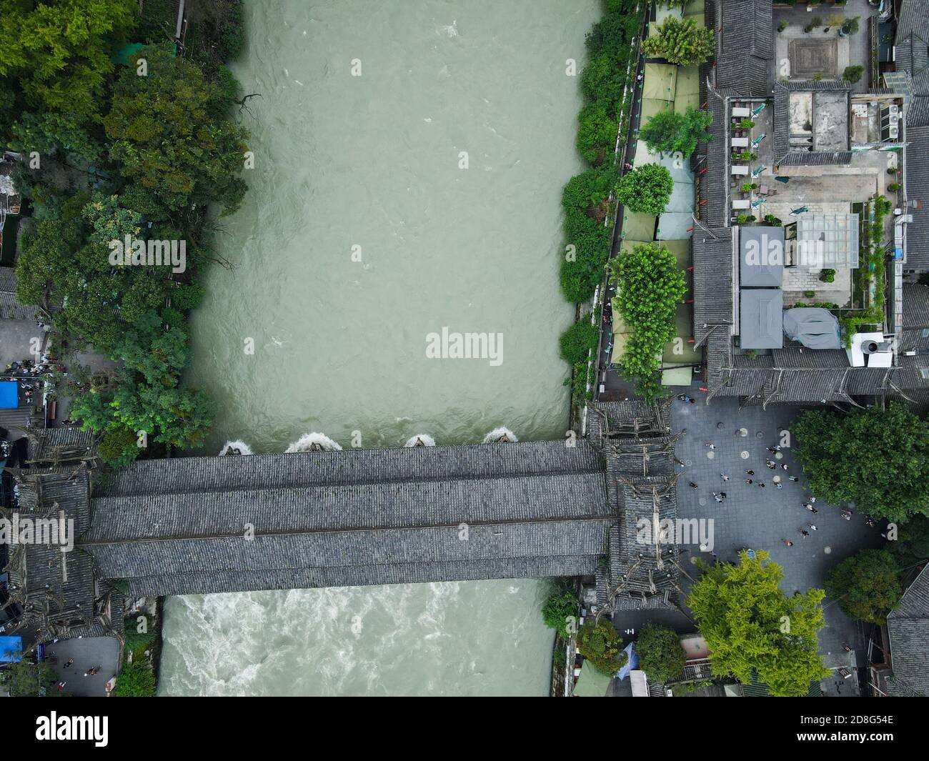 An aerial view of the Dujiangyan, an ancient irrigation system