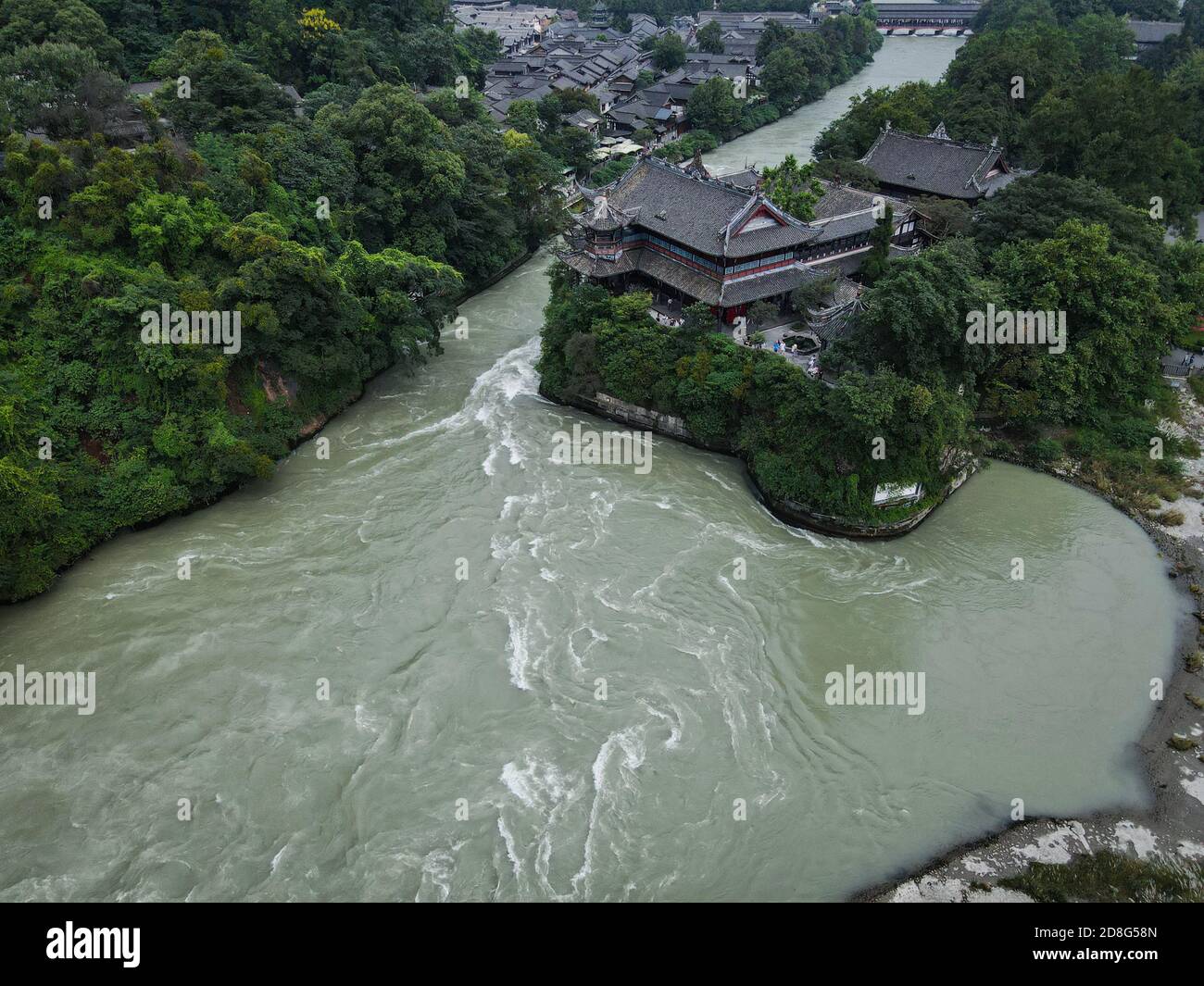 An aerial view of the Dujiangyan, an ancient irrigation system